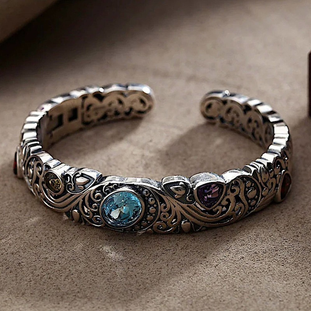 Vintage Sterling Silver Bangle, Multicolor Gemstone Engraved Cuff, Elegant